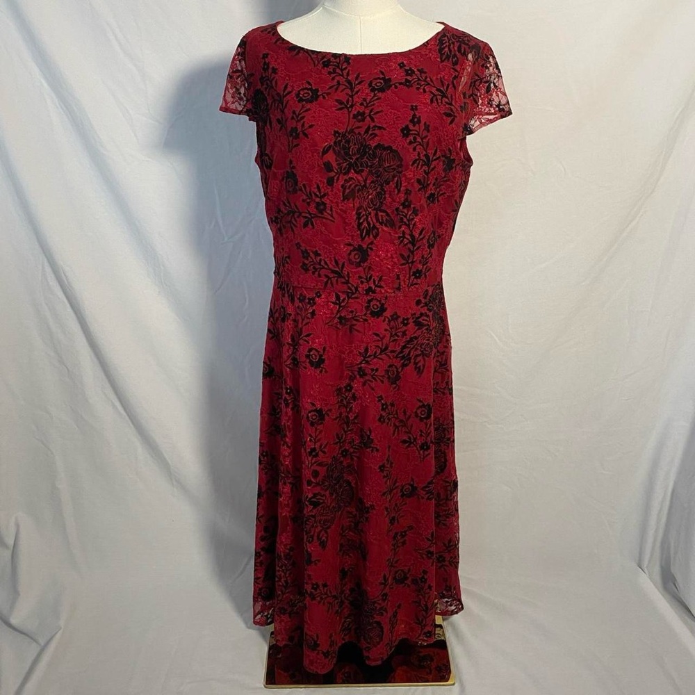 Preston & York lace red black velvet burnout mai short sleeve lined formal dress